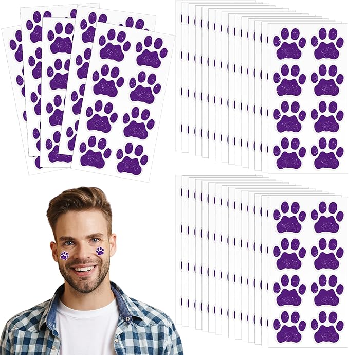 120 Pairs Purple Eye Black Bulk Tiger Paw Football Stickers Sport Glitter Eyeblack Sticker Team Spirit Accessories for University College Game Day Sports Fans Themed Party Supplies