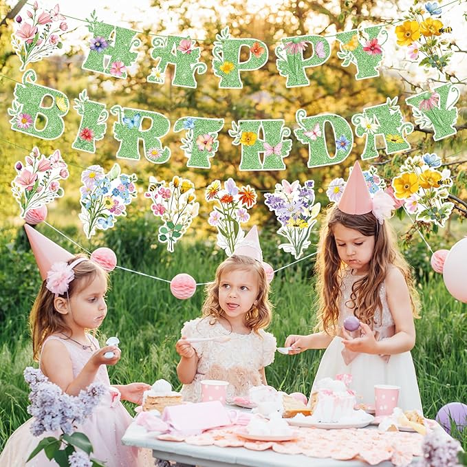 3 Pcs Wildflower Birthday Party Decorations Green Glitter Happy Birthday Banner Colorful Hanging Decor Funny Banner Cutout Garland for Themed Decoration Bridal Shower Garden Party Supplies