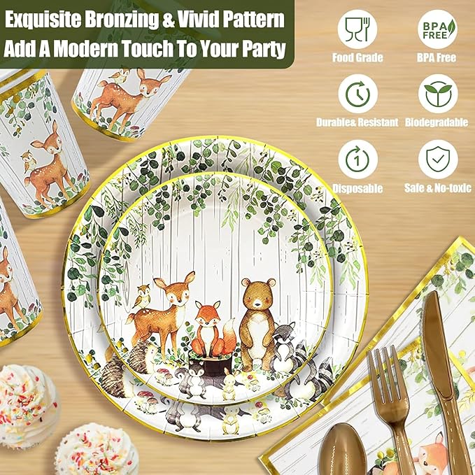 121Pc Woodland Baby Shower Decorations For Boy Or Girl, Birthday Party Supplies, Heavy Duty Sage Green Tablecloth, Paper Plates, Napkins, Straws And Cups, Forest Animal Friends Tableware Set Serves 24
