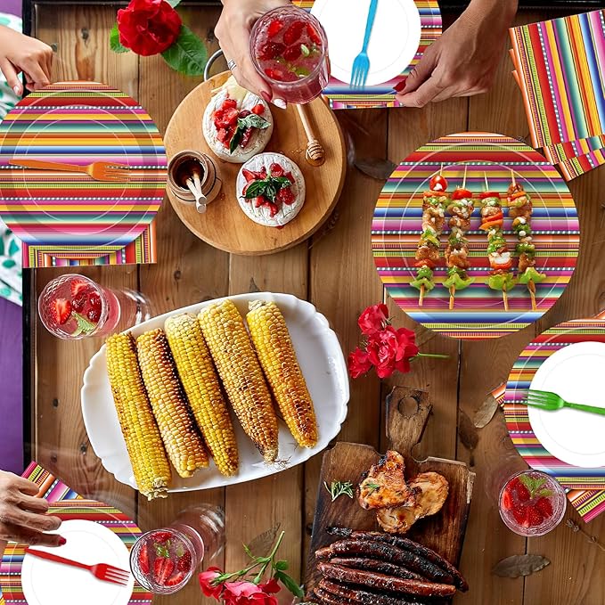 100 Pcs Mexican Fiesta Tableware Party Supplies Set, Serves 25 – Disposable Colorful Serape Striped Paper Plates, Napkins, and Forks, Cinco de Mayo, Taco Tuesday, Fiesta and Day of the Dead Decoration