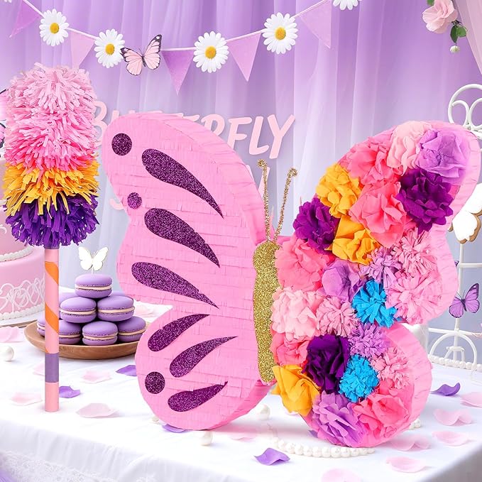 27" Extra Large Butterfly Pinata with Stick and Blindfold for Themed Party Decoration, Spring Party Supplies