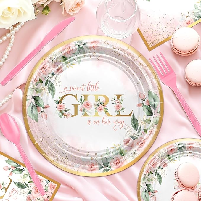 Baby Shower Decorations for Girl 278 Pcs Pink Floral Baby Shower Party Supplies: Little Girl Is on Her Way Banner, Plates, Napkins, Cups,Tablecloth, Balloons, Serve 24