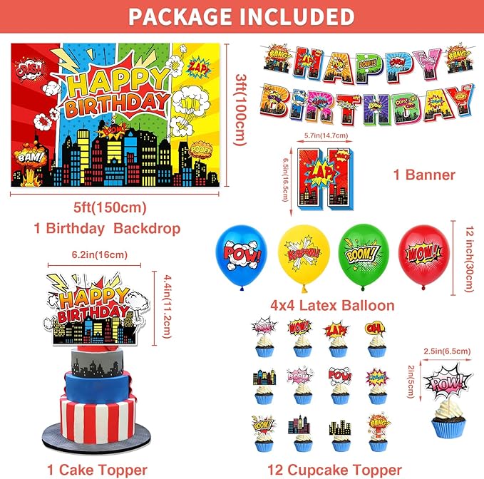 31pcs Superhero Birthday Party Supplies Pack Includes City Hero Theme Backdrop 5X3FT, Banner, Cupcake Toppers,Cake Topper and Balloons for Super Hero Party Decorations