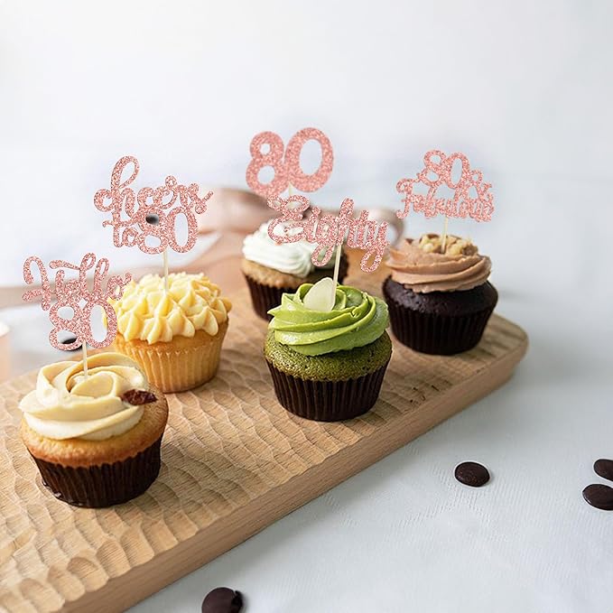 30Pcs Happy 80th Birthday Cupcake Toppers Eighty Cheers to 80 Years Old Birthday Cupcake Picks for Happy 80th Birthday Anniversary Party Cake Decorations Rose Gold Glitter