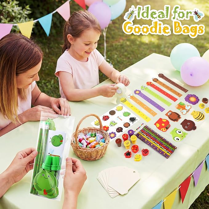 168 Pcs Insect Party Favors Set Bee Ladybug Frog Snail Mushroom Flower Theme Stationery Kit with Pencils Notepads Stampers Rulers Erasers Stickers Gift Bags Bug Party Supplies for Birthday