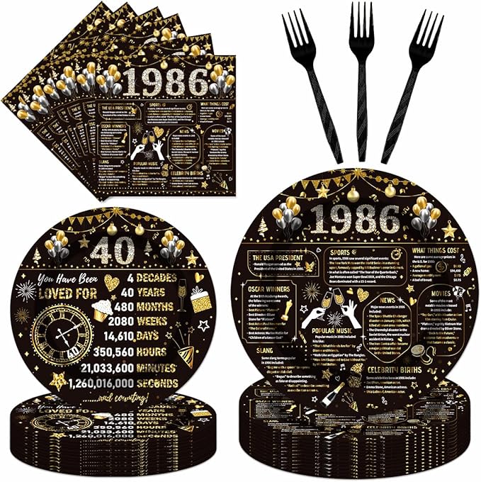 96PCS 40th Birthday Plates and Napkins Party Supplies 40th Birthday Decorations for Women Men 40th Anniversary Decorations Cheers to 40 Years Vintage Tableware Sets Serve 24 Guests