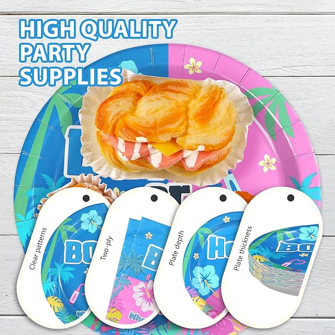 96Pcs Hawaiian Party Decorations Hawaii Tropical Cartoon Plates and Napkins Sets Blue and Pink Hawaiian Aloha Decorations for Boy or Girl He or She Gender Reveal Baby Shower Party Supplies Serves 24