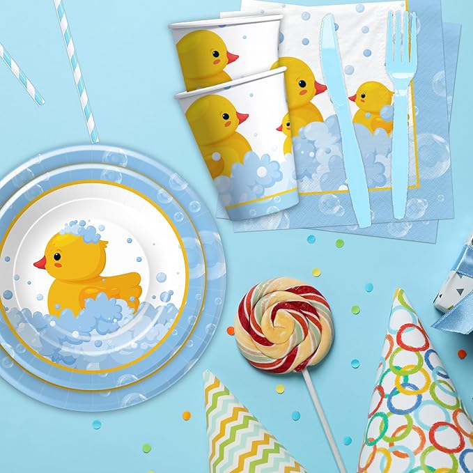 APOWBLS Rubber Duck Decorations Tableware - Bubble Bath Rubber Duck Party Supplies For Baby Shower Birthday, Paper Plate, Napkin, Tablecloth, Disposable Fork | Serves 24