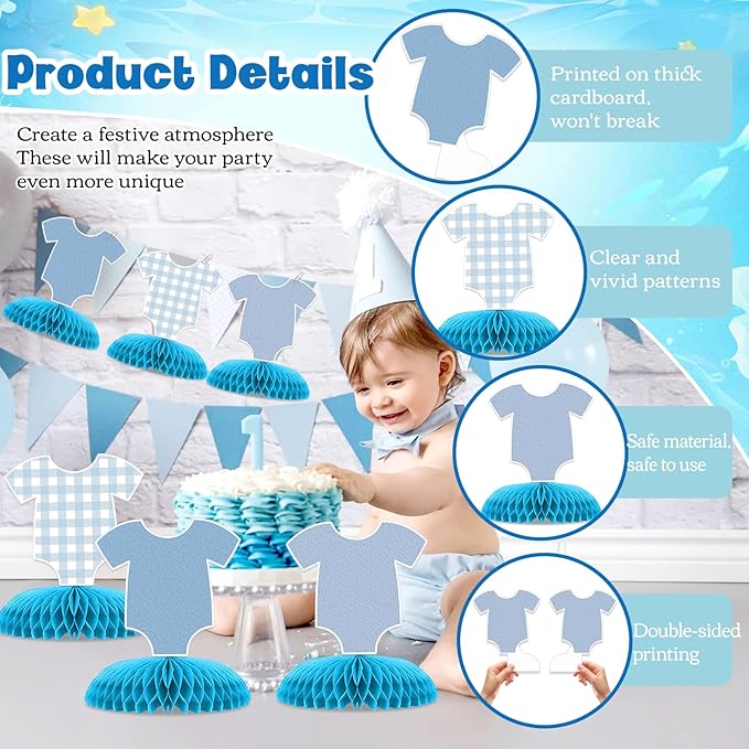 6 Pcs Blue Bodysuit Party Decorations, Blue Gingham Honeycomb Centerpieces, Birthday Decorations for Tables Decor Table for Party Supplies Perfect for Women Men Baby Shower Boys Girls