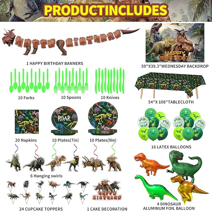 Dinosaur Birthday Party Supplies, Dinosaur Style Decorations Include Backdrop, Tablecloth, Banners, Cake Decoration, Cupcake Toppers, Latex and Aluminum foil Balloons, Hanging Swirls, Tableware Set