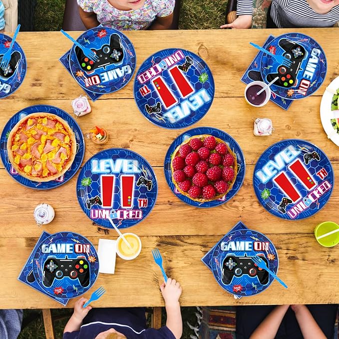 Grencian 96Pcs 11th Birthday Decorations for Boys Blue Video Game 11th Birthday Plates Disposable Paper Tableware Set for Kids Boys Girls 11 Year Old Video Game Theme Party Supplies, Serves 24