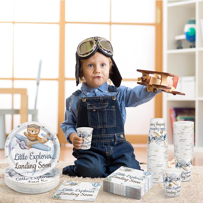 Hushee 200 Pcs Little Explorer Baby Shower Paper Plates Napkins Cups Baby Shower Party Supplies Tableware Set Disposable Cup Napkin for 50 Guest Party Decoration