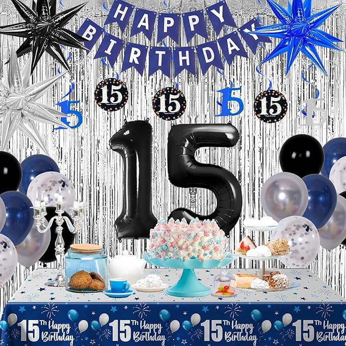 15th Birthday Decorations for Boys and Girls Dark Blue, HAPPY BIRTHDAY Banner Black Number 15 Balloons Tablecloth Foil Backdrop Star Balloons Garland Arch Kit-15 Years Old Birthday Party Supplies
