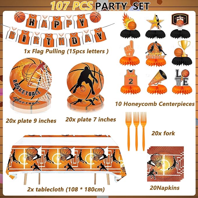 Basketball Party Supplies, Basketball Birthday Party Decorations Tableware Set,Include Honeycomb Centerpieces Table Decoration and Napkins,Cups,Plates,Banner,Tablecloth (Set B)