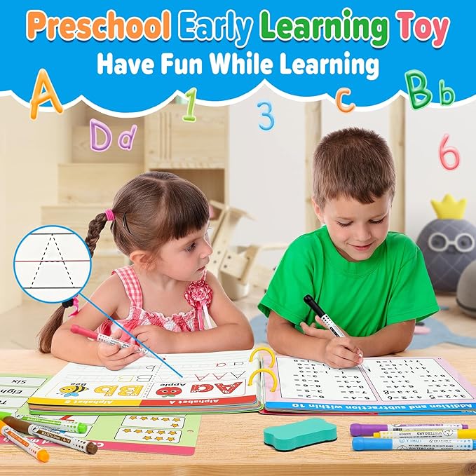 Dr.Rapeti Preschool Learning Activities Educational Workbook Busy Book 58 Pages 8 Dry Erase Markers Prek Montessori Handwriting Practice Activity Tracing Toy Early Learning Toy for 3 years+