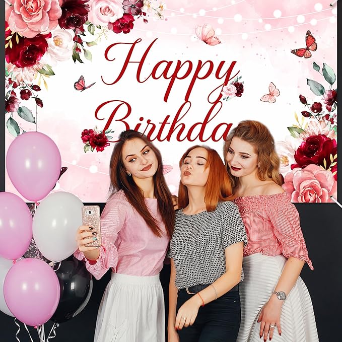 Avezano Floral Happy Birthday Banner for Women Girls Rose Gold Red Floral Birthday Party Decorations for Women Burgundy Flower B-day Party Supplies Banner (6x3.6ft)