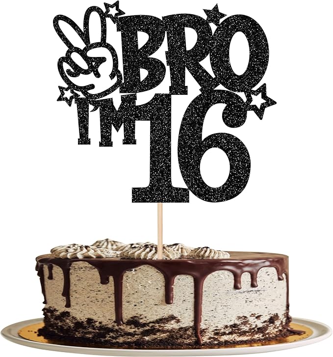 1 PCS Brother I'm 16 Cake Topper Glitter Star Happy 16th Birthday Cake Pick Bro I'm 16 Cake Decoration It's My 16th Birthday Decorations for Boys Cheers to 16 Years Old Birthday Party Supplies Black