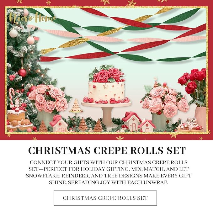 NICROHOME EUR Christmas Decorations, 8 Rolls Christmas Green Red Gold Crepe Paper Streamers for Xmas Birthday Party Wedding Baby Shower Party Decorations, 1.8 Inch x 82 Ft/Roll