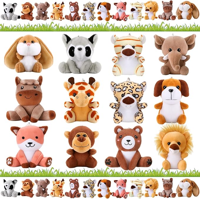 Skylety 12pcs Mini Safari Stuff Animal 3.9 Inch Cute Jungle Stuffed Animal Lion Rabbit Owl Hedgehog Monkey Tiger Zebra Elephant Leopard Hippopotamus Rhinoceros for Easter Holiday Gifts