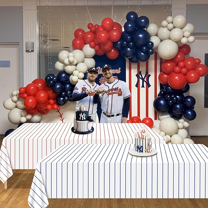 4 Pcs Disposable Baseball Tablecloths, Waterproof Plastic Stripe Table Covers for Baseball Birthday Decorations, 51 x 86 inches