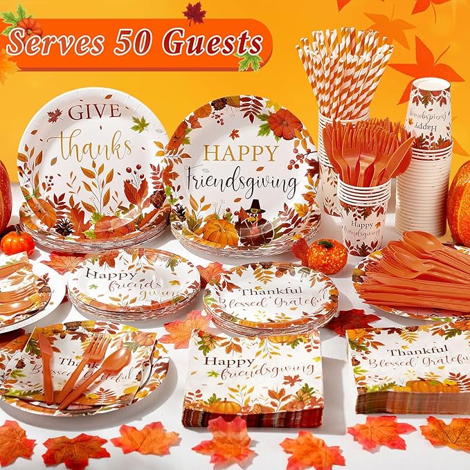 450 Pcs Happy Friendsgiving Tableware Set Decorations, Fall Thanksgiving Pattern Paper Plates Napkins Cups Cutlery Straws for Autumn Harvest Friendsgiving Dinner Party Supplies, Serves 50