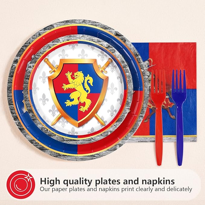 96Pcs Medieval Fantasy Birthday Party Decorations with Lion Knight Medieval Plates and Napkins Sets Castle Birthday Decorations for Boys Girls Dragon Theme Castle Celebration Party Supplies Serves 24