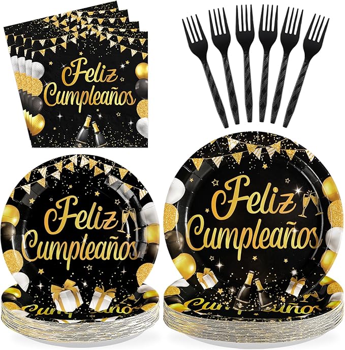 96Pcs Black and Gold Birthday Party Supplies Feliz Cumpleaños Gold Glitter Plates and Napkins Feliz Cumpleaños Happy Birthday Tableware Set for Men Women Spanish Party Decorations Serves 24