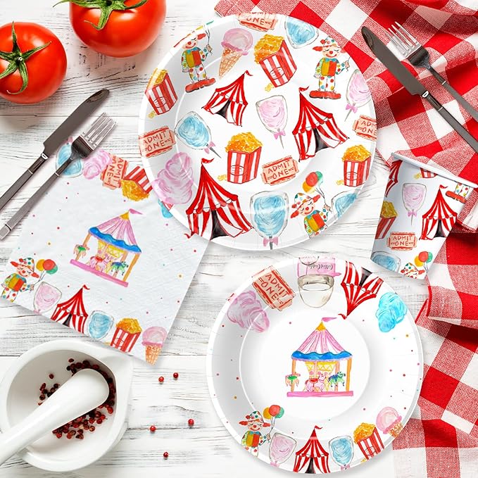 Circus Theme Party Decorations Tableware, Carnival Party Supplies, Plate, Cup, Napkin, Tablecloth, Cutlery, Straw, Circus Carnival Theme Party Decorations For Birthday Baby Shower | Serve 24