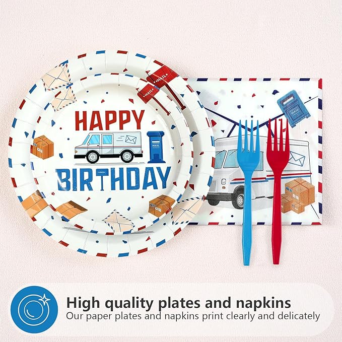 96 Pcs Mailman Party Supplies Red Blue Mail Happy Birthday Plates and Napkins Disposable Mail Truck Mailbox Tableware Set for Postal Worker Birthday Party Decorations Serves 24
