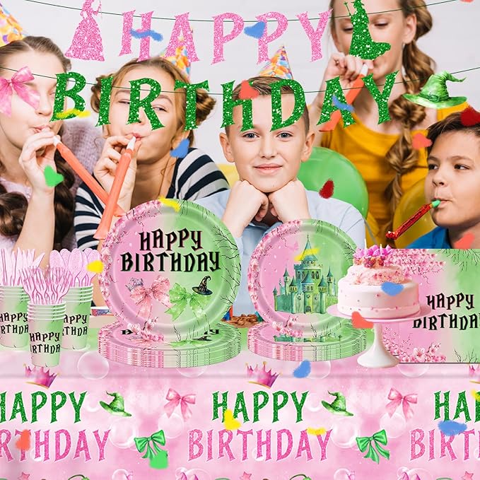 142pcs Pink and Green Witch Party Decorations Tableware, Witch Table Centerpieces Party Supplies, Tableware Set Paper Cups for Girls Birthday Party Decorations Severs 20 Guests