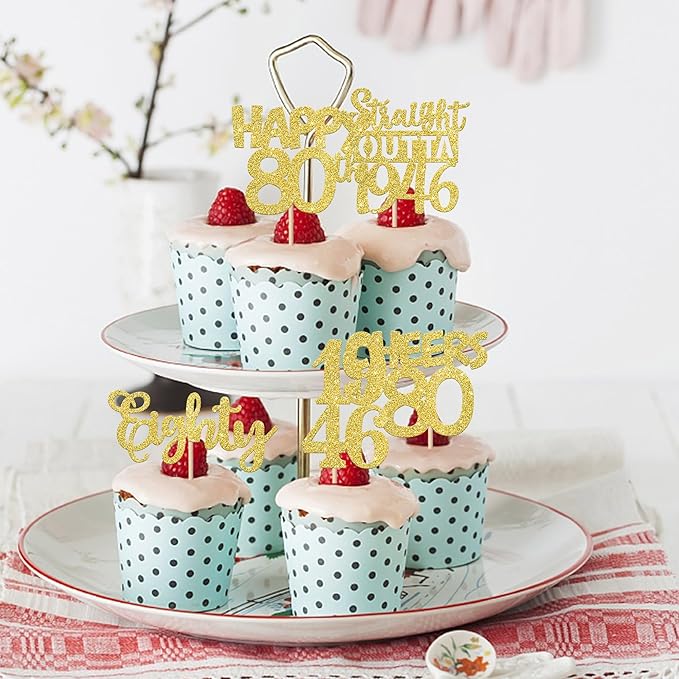 30PCS Happy 80th Birthday Cupcake Toppers Gold Glitter Eighty Straight Outta 1946 Cupcake Picks 80 Fabulous Cake Decorations for 80th Birthday Anniversary Party Decoration Supplies