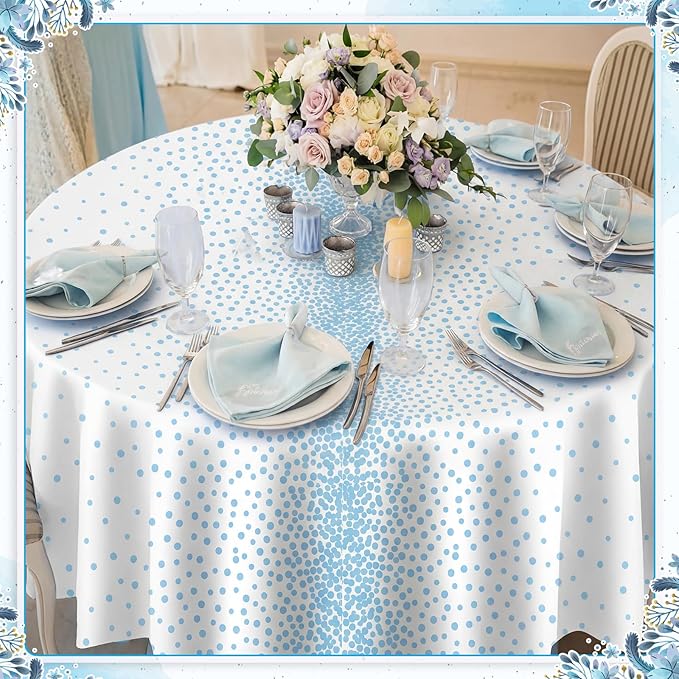 VitalCozy Round Dot Tablecloth 84 Inch Plastic Table Cover Polka Dot Confetti Tablecloths for Easter 2026 Graduation Prom Wedding Birthday Spring Party Supplies(White and Light Blue,3 Pcs)