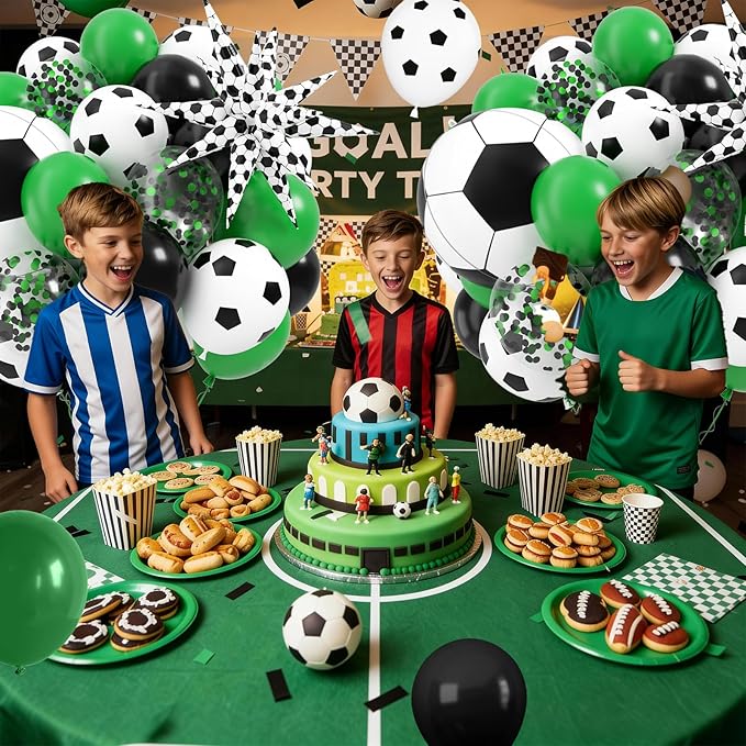 Football Balloons, 12 Inch Soccer Balloons with Green Black White Latex Soccer Printed Star Foil Balloons With Ribbons for Football Sport Theme Party Decorations Birthday Supplies