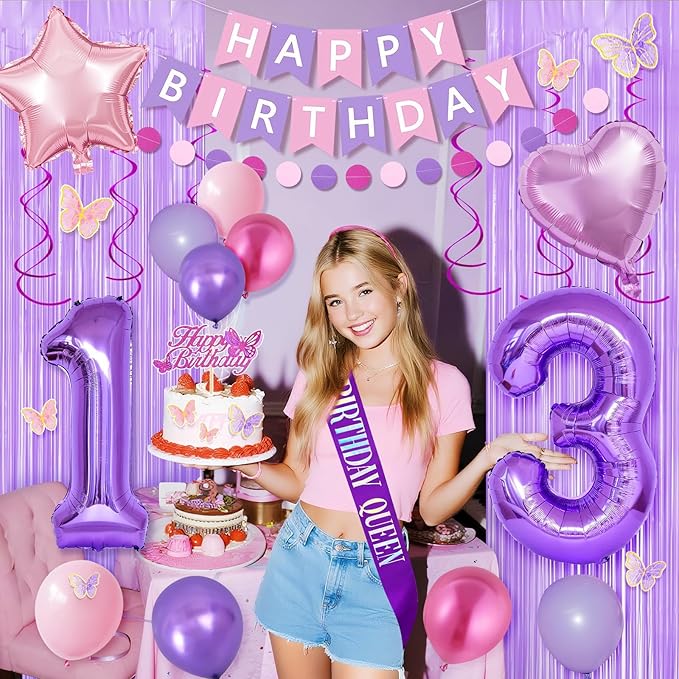 13th Purple Birthday Decorations for Girls, Pink and Purple Happy 13 Birthday Party Decorations with Happy Birthday Banner, Number Foil Balloons, Butterfly Cake Topper for 13th Party Supplies