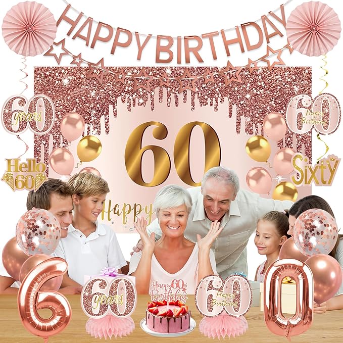 60th Birthday Decorations for Women, Pink Rose Gold Happy 60 years old Birthday Banner Backdrop Sash Table Cake Topper Balloons Honeycomb Centerpieces Hanging Swirls Paper Fans Party Supplies