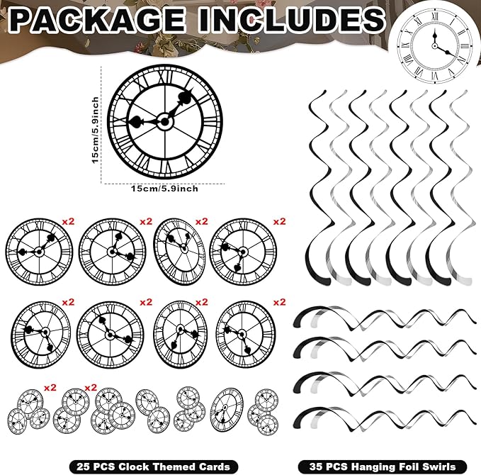 60Pcs Wonderland Clock Hanging Swirls Wonderland Tea Birthday Party Decorations Curious Clock Ceiling Streamers Fairytale Themed Hanging Decorations for Birthday Baby Shower Tea Party Supplies