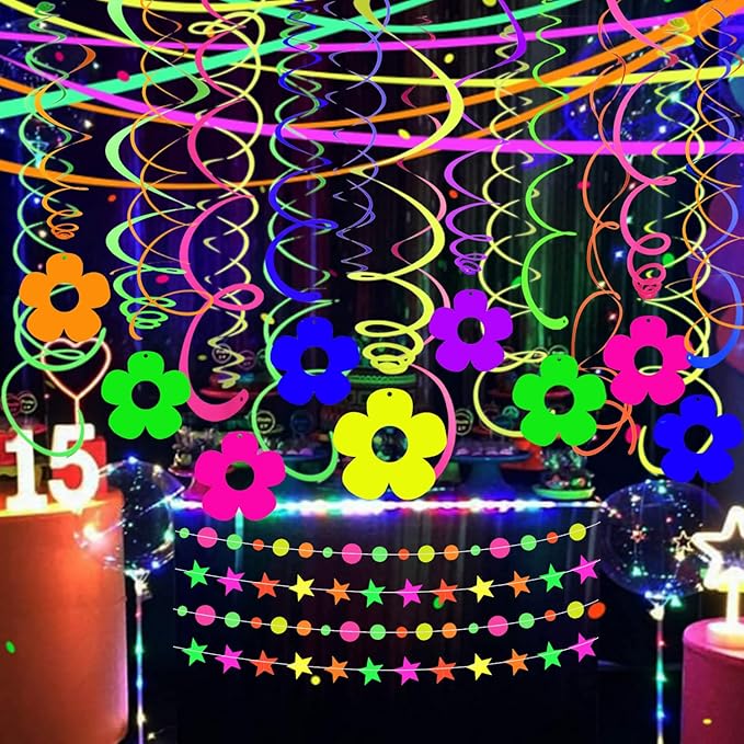 56 Pcs Hollow Flowers Hanging Swirls Decorations Neon Streamer for Ceiling Flower Neon Garlands Glow Party Supplies Decoration UV Black Light Neon Party Swirling Decorations for Dark Birthday Favors