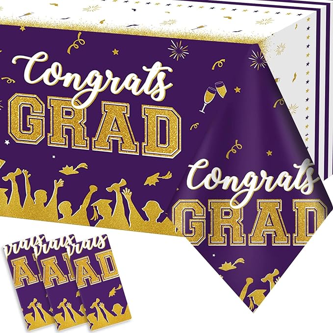 chiazllta Set of 3 Graduation Tablecloths Class of 2025 Congrats Grad Purple Graduation Party Tablecover Decorations Party Supplies Large Size Plastic 54"x108"(Purple & Gold)