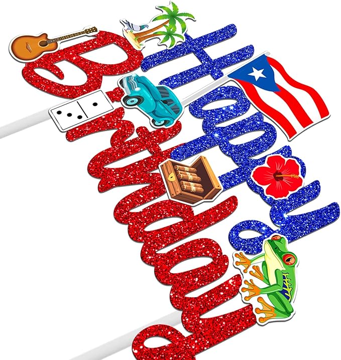 Puerto Rico Cake Topper Glitter Puerto Rican Theme Birthday Party Decoration Puerto Rican Cake Decorations Frog Cigar Vintage Car Cake Picks for National Day Patriotic Festival Supplies