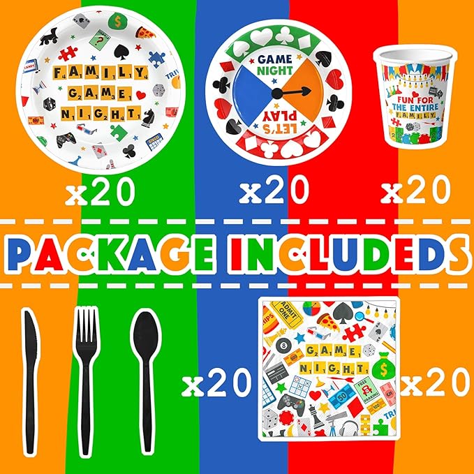 Game Night Party Decorations Set - Vibrant Game Night Themed Plates, Cups, Napkins, and Cutlery for a Memorable Evening - Disposable and Chic Game Night Party Supplies for Birthdays and Gatherings