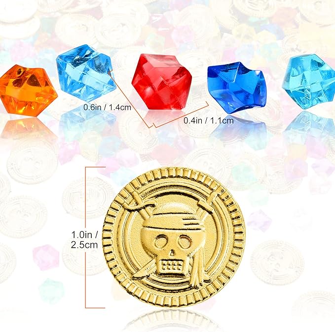 Skylety Pirate Party Decoration Favors 100 Pieces Fake Pirate Treasure and 100 Pieces Gold Coins Toy Gem Jewelry Treasure Chocolate Gold Coins for Halloween Adventure Themed Event Party Supplies