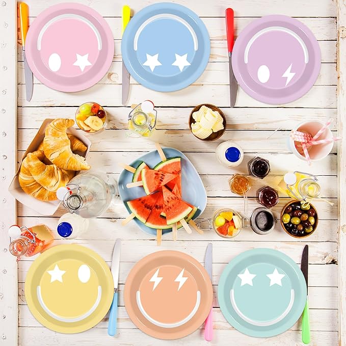 48Pcs Pastel Smile Face Party Supplies Pastel Smile Face Paper Plates 7" Colorful Preppy Dessert Plates Preppy Party Decorations for Kids Birthday Baby Shower Favors Serves 48 Guests