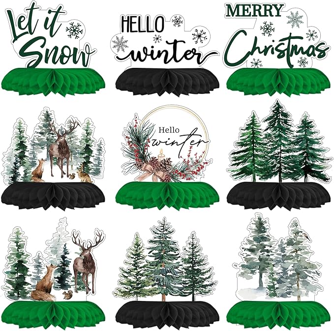 Horaldaily 9PCS Christmas Party Table Decoration Centerpieces, Merry Christmas Xmas Trees Deer Squirrel Rabbit Honeycomb Centerpieces Table Toppers for Christmas Themed Birthday Party