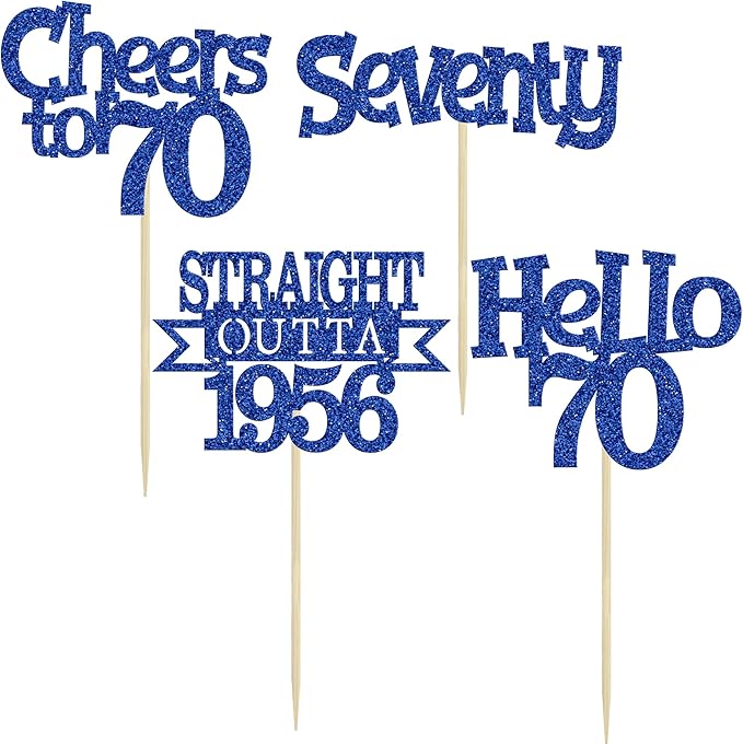 Ephlyn 24Pcs Happy 70th Birthday Cupcake Toppers Glitter Straight Outta 1956 Cupcake Picks Hello 70 Cheers to 70 Years Birthday Cake Decorations for 70th Birthday Anniversary Party Supplies Blue