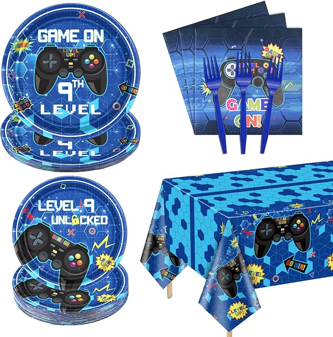 81 Pcs Video Game Party Supplies - 9th Birthday Video Game Party Decor Dinner Plates Napkins Video Game Tablecloth Forks Gaming Party Pack for Kid Boy 9th Birthday Party, Serves 20 (9th)