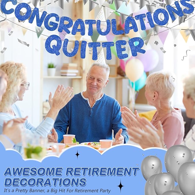 Fulmoon Pre Strung Congratulations Quitter Glitter Banner Funny Retirement Banner Graduation Party Decorations Going Away Supplies Garland for Men Women Gifts, No DIY(Navy Blue)