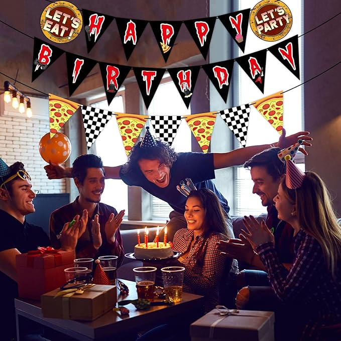 Night Party Decoration Horror Game Happy Birthday Banner Pre-Strung Black White Checkered Pizza Pennant Banner Flags Video Game Bunting Garland for Spooky Creepy Bear Themed Birthday Party Supplies