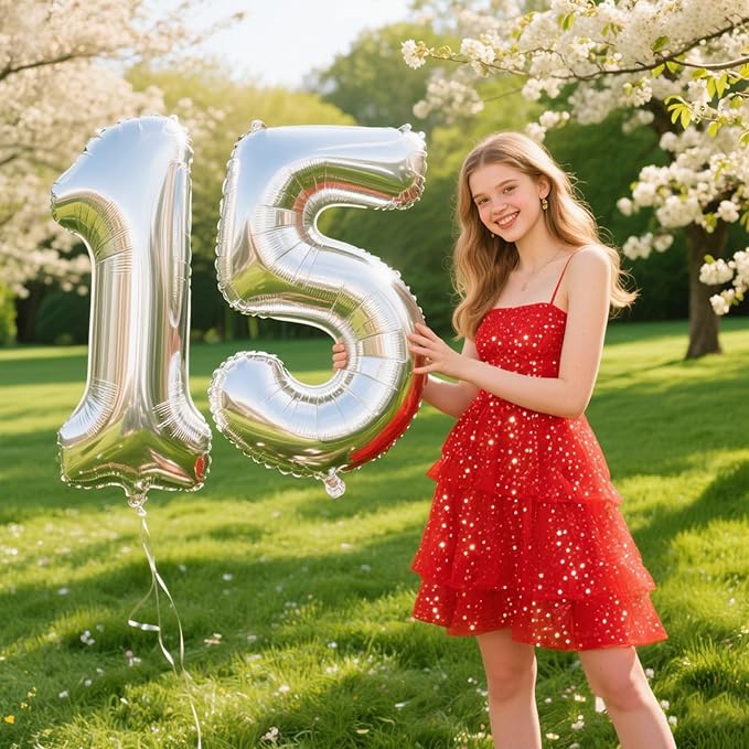 40 Inch Silver Number 15 Digital Balloon,Jumbo Mylar Foil Helium Balloon for 15 Balloons for Birthday Party,Wedding Anniversary Party Decorations