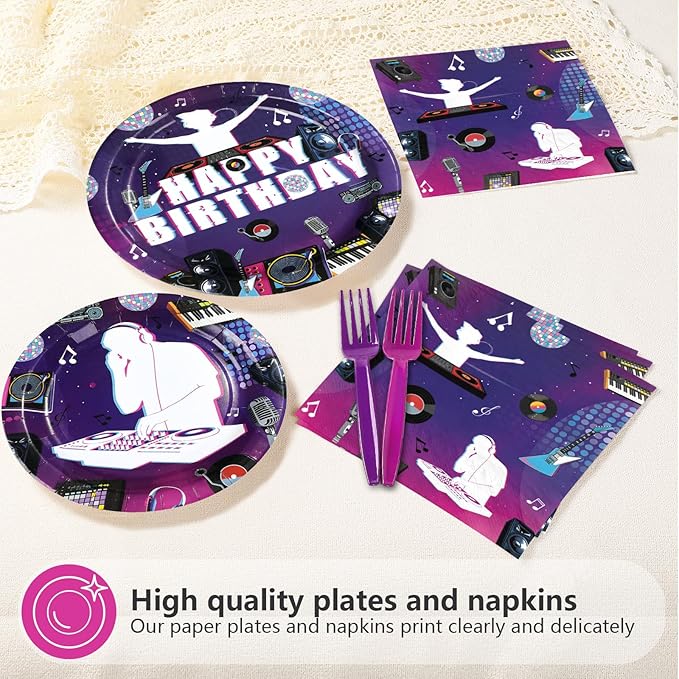 96 Pcs DJ Birthday Party Decorations Music Themed Party Paper Plates and Napkins Rock DJ Short Video Tableware Set for Boys Girls Adults Birthday Supplies Serves 24