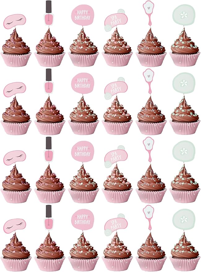 Spa Party Cupcake Toppers | Set of 24 | Spa Party Supplies for Girls - Cupcake Decorations & Cake Toppers for Girls Makeup or Slumber Birthday Celebration